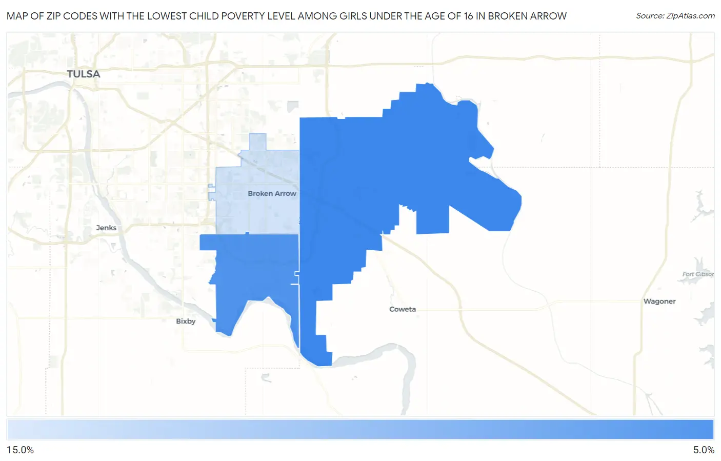Zip Codes with the Lowest Child Poverty Level Among Girls Under the Age of 16 in Broken Arrow Map