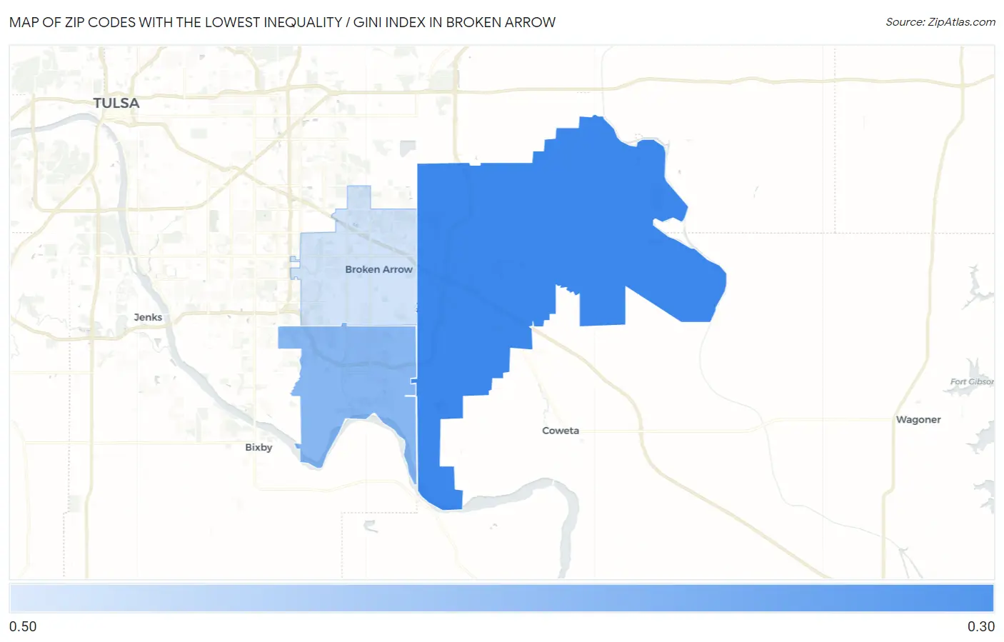 Zip Codes with the Lowest Inequality / Gini Index in Broken Arrow Map
