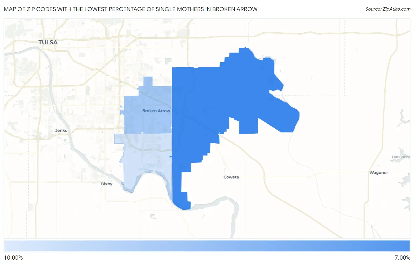 Zip Codes with the Lowest Percentage of Single Mothers in Broken Arrow Map