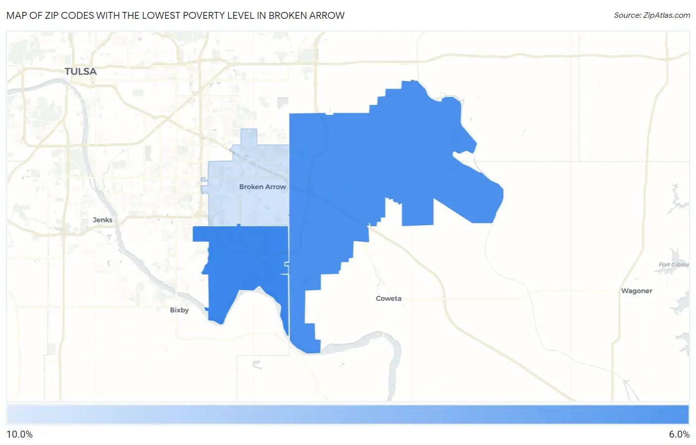 Zip Codes with the Lowest Poverty Level in Broken Arrow Map