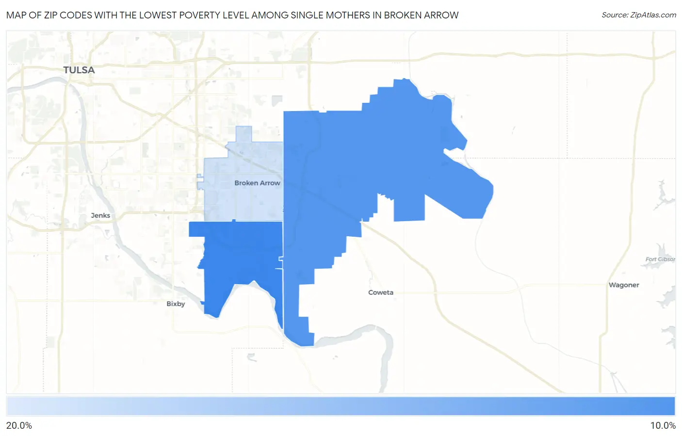 Zip Codes with the Lowest Poverty Level Among Single Mothers in Broken Arrow Map