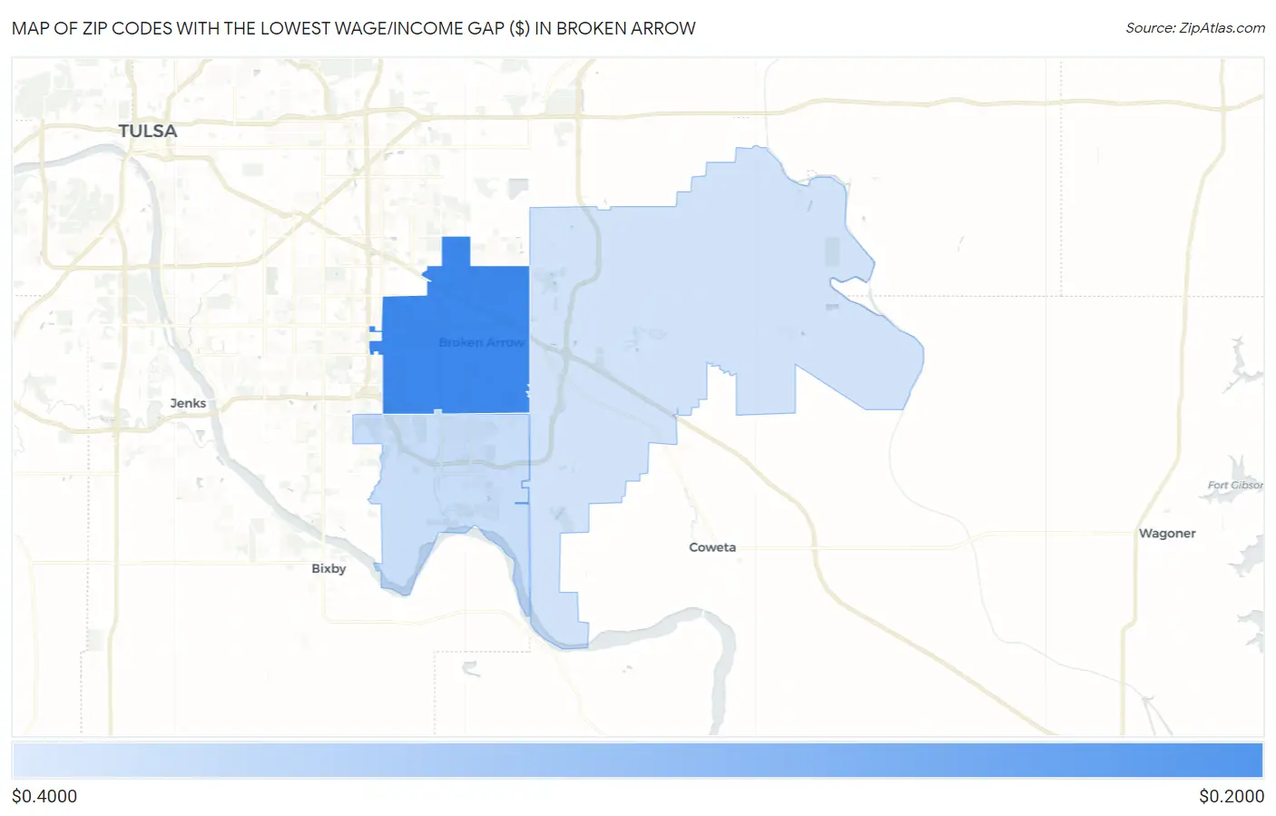 Zip Codes with the Lowest Wage/Income Gap ($) in Broken Arrow Map