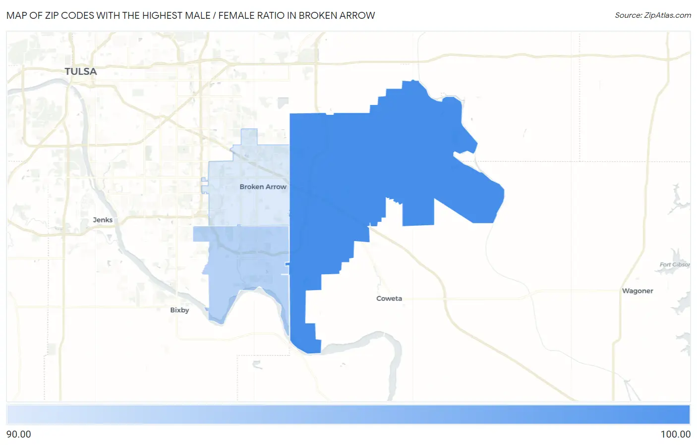Zip Codes with the Highest Male / Female Ratio in Broken Arrow Map