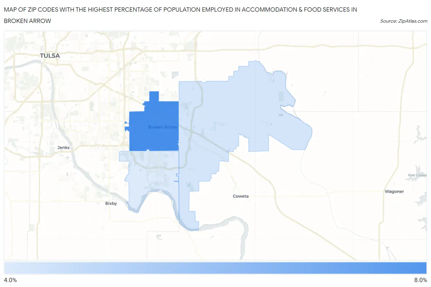 Zip Codes with the Highest Percentage of Population Employed in Accommodation & Food Services in Broken Arrow Map