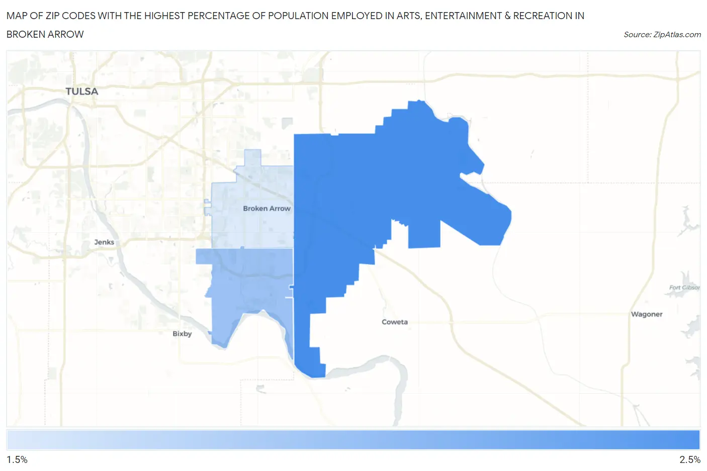 Zip Codes with the Highest Percentage of Population Employed in Arts, Entertainment & Recreation in Broken Arrow Map