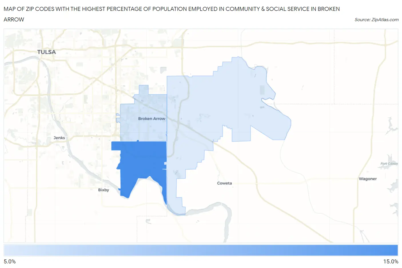 Zip Codes with the Highest Percentage of Population Employed in Community & Social Service  in Broken Arrow Map