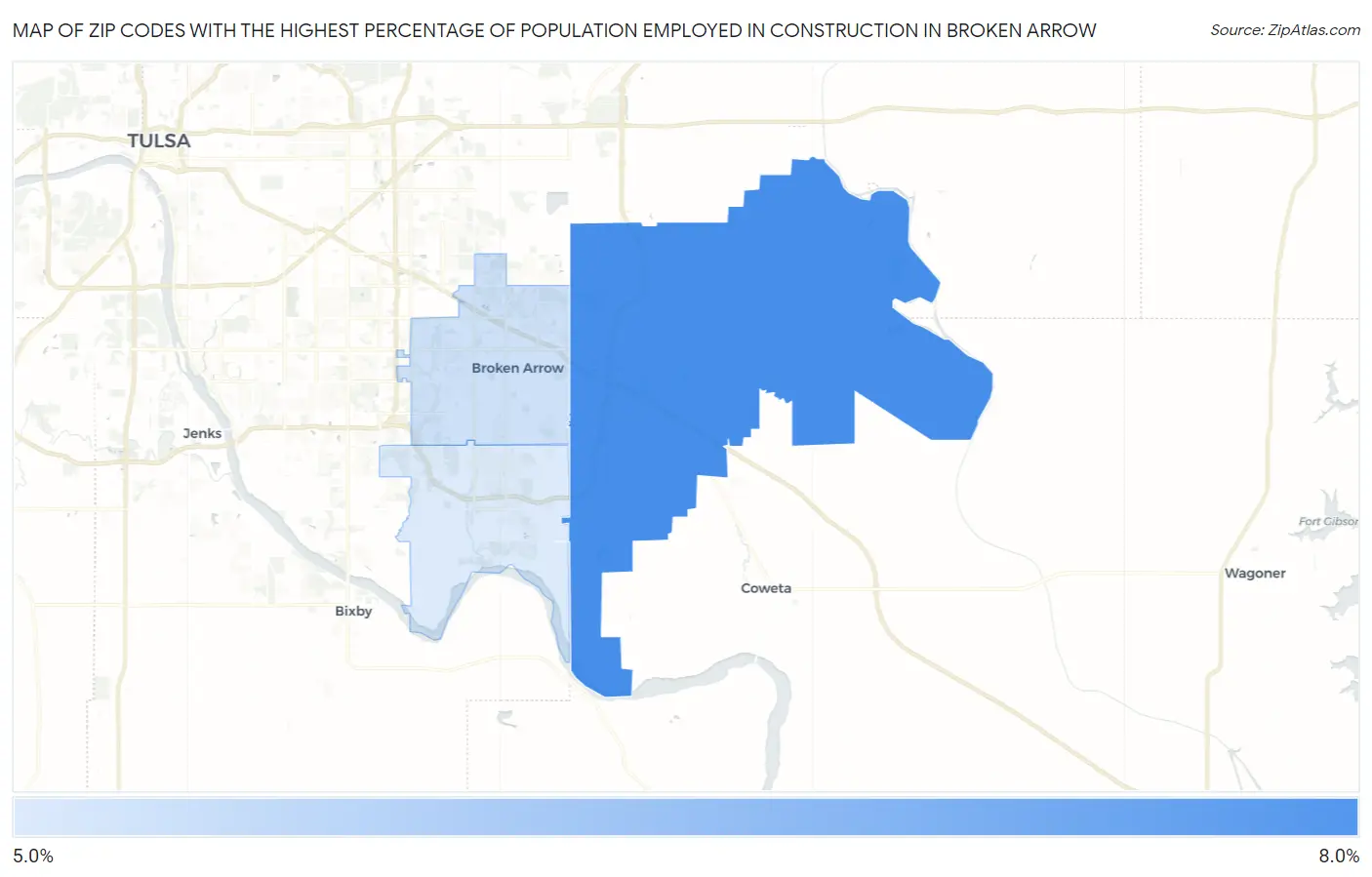 Zip Codes with the Highest Percentage of Population Employed in Construction in Broken Arrow Map