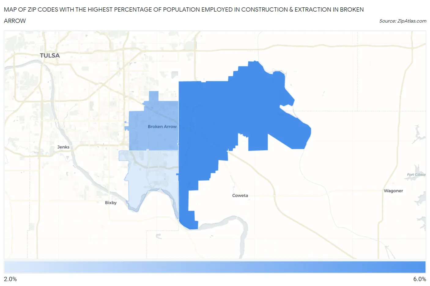 Zip Codes with the Highest Percentage of Population Employed in Construction & Extraction in Broken Arrow Map