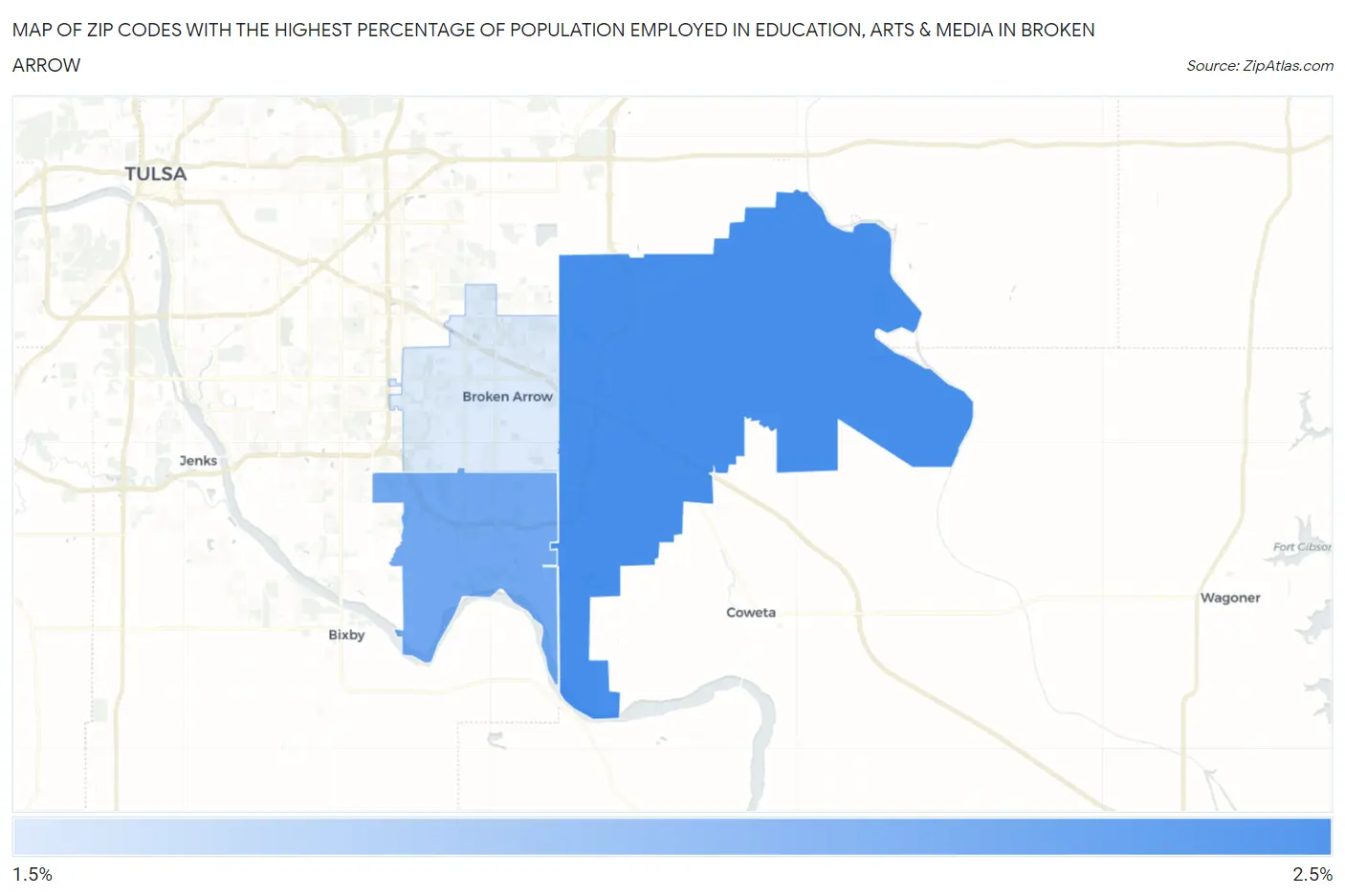 Zip Codes with the Highest Percentage of Population Employed in Education, Arts & Media in Broken Arrow Map