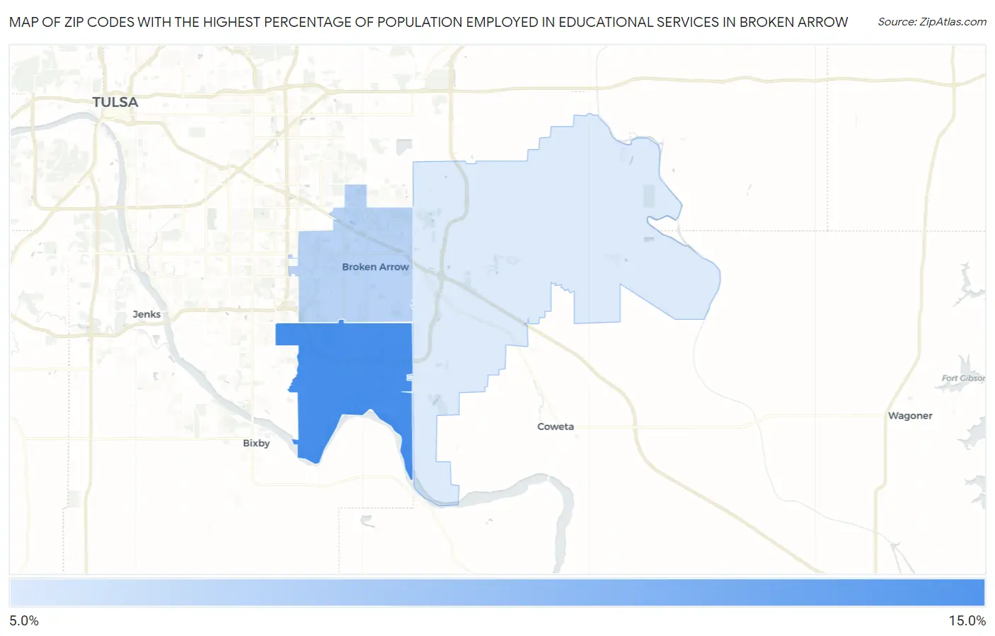 Zip Codes with the Highest Percentage of Population Employed in Educational Services in Broken Arrow Map