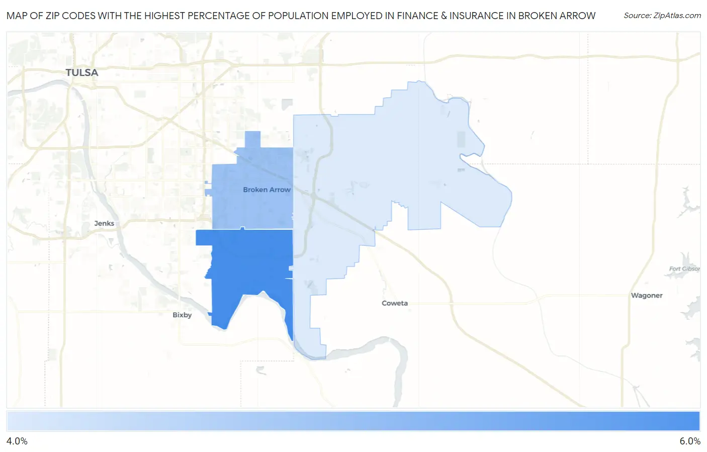 Zip Codes with the Highest Percentage of Population Employed in Finance & Insurance in Broken Arrow Map