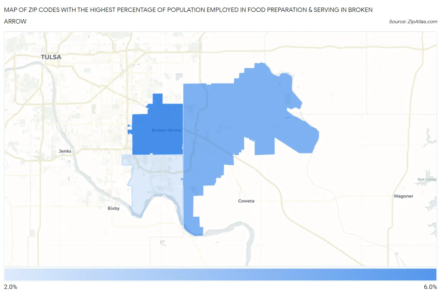 Zip Codes with the Highest Percentage of Population Employed in Food Preparation & Serving in Broken Arrow Map