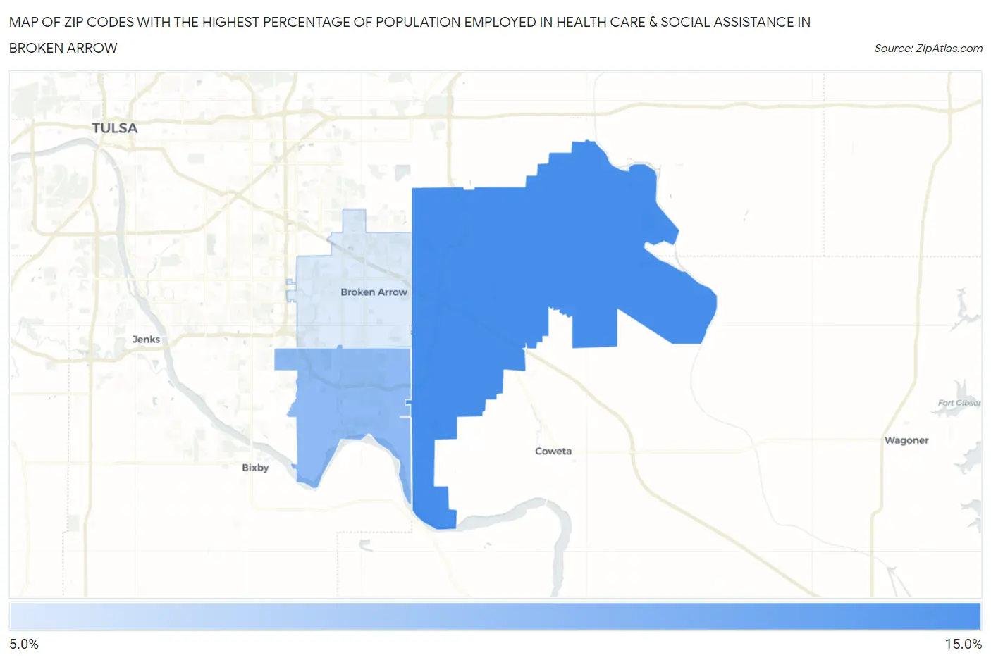 Zip Codes with the Highest Percentage of Population Employed in Health Care & Social Assistance in Broken Arrow Map