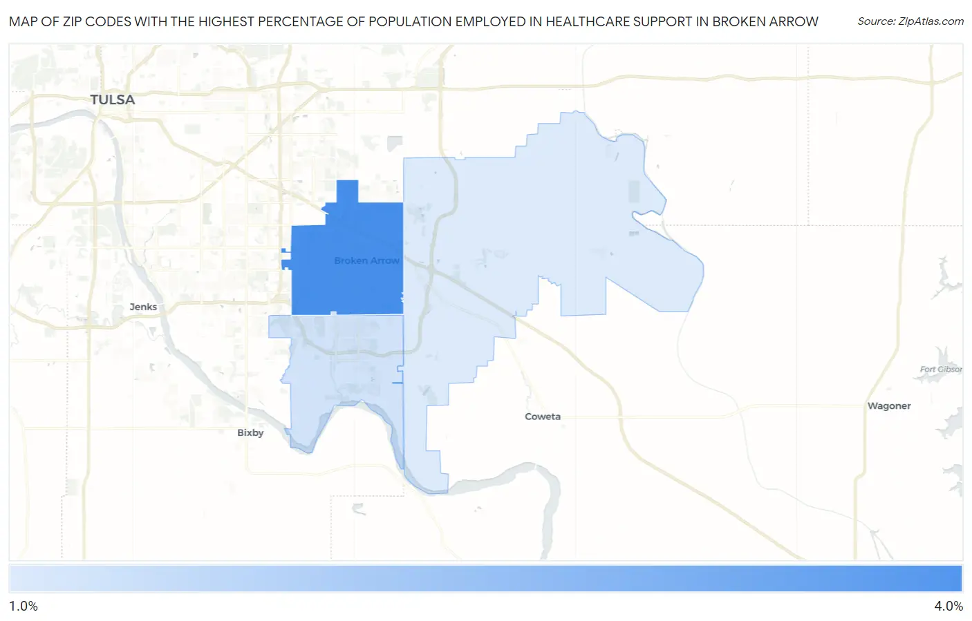 Zip Codes with the Highest Percentage of Population Employed in Healthcare Support in Broken Arrow Map