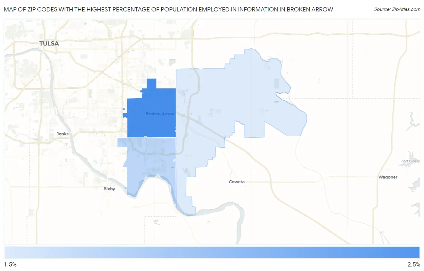 Zip Codes with the Highest Percentage of Population Employed in Information in Broken Arrow Map