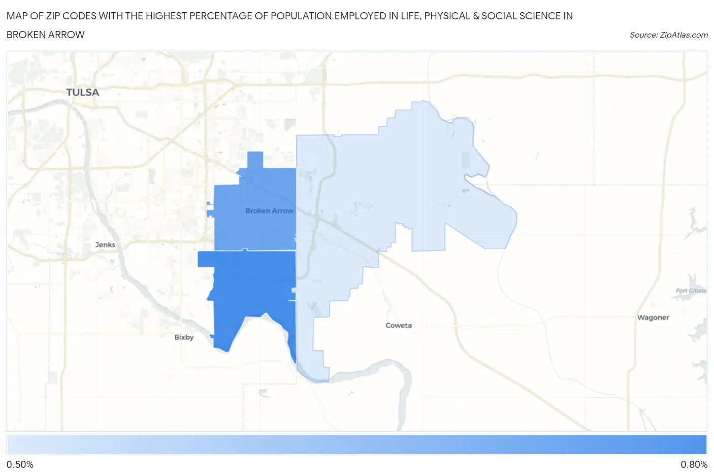 Zip Codes with the Highest Percentage of Population Employed in Life, Physical & Social Science in Broken Arrow Map