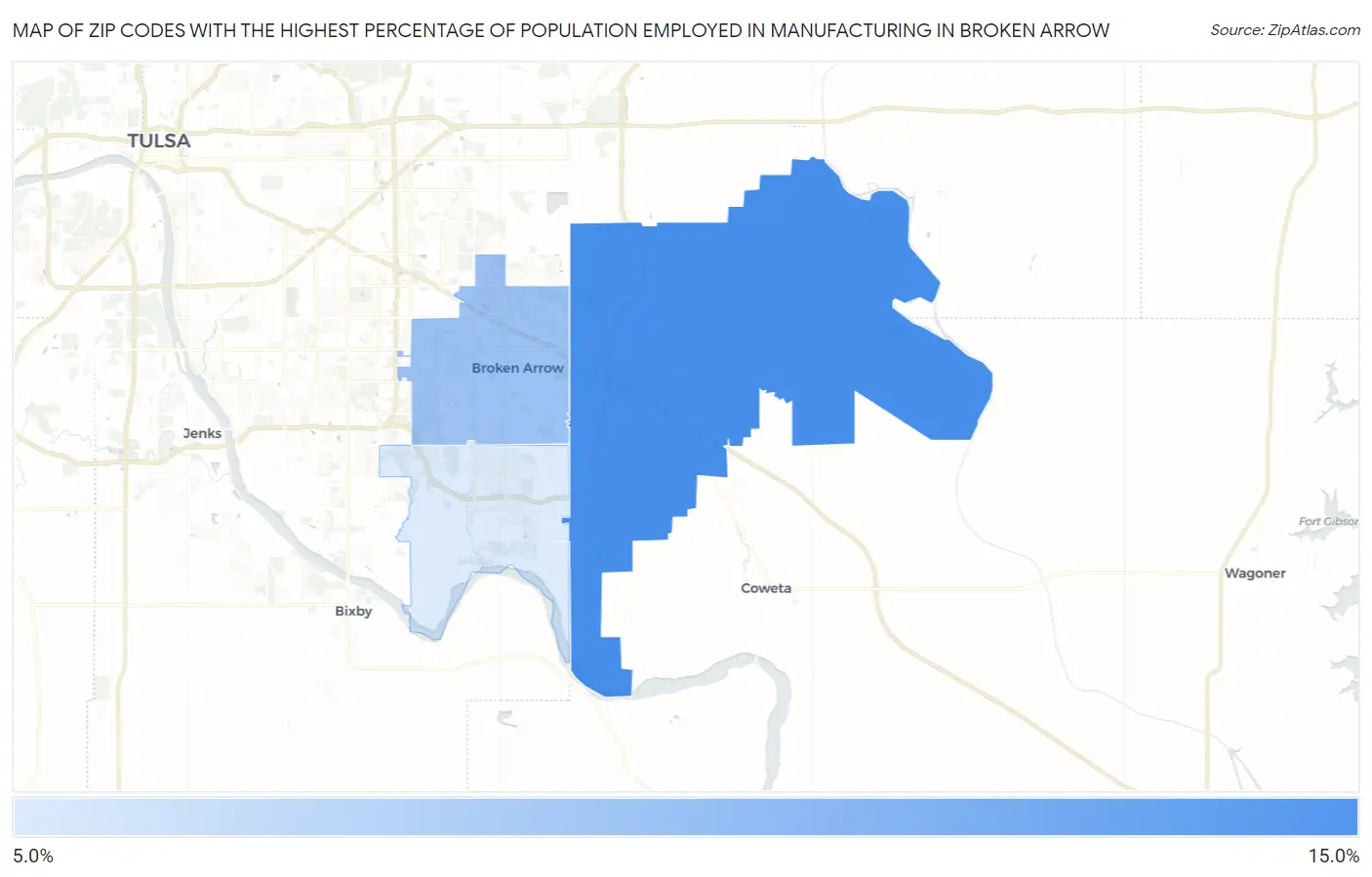 Zip Codes with the Highest Percentage of Population Employed in Manufacturing in Broken Arrow Map