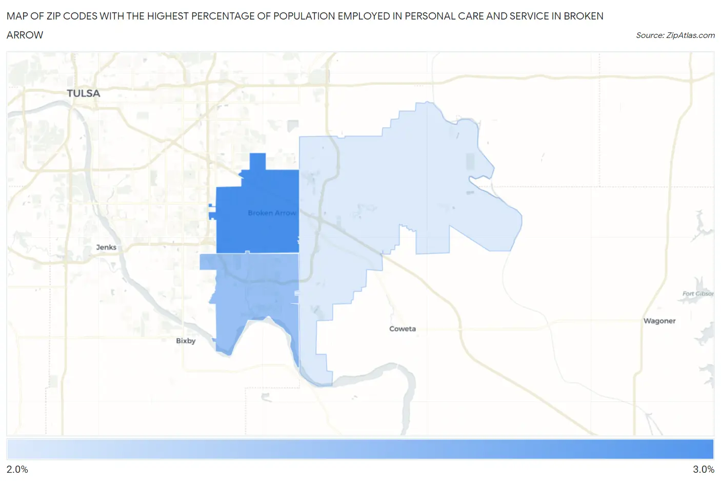 Zip Codes with the Highest Percentage of Population Employed in Personal Care and Service in Broken Arrow Map