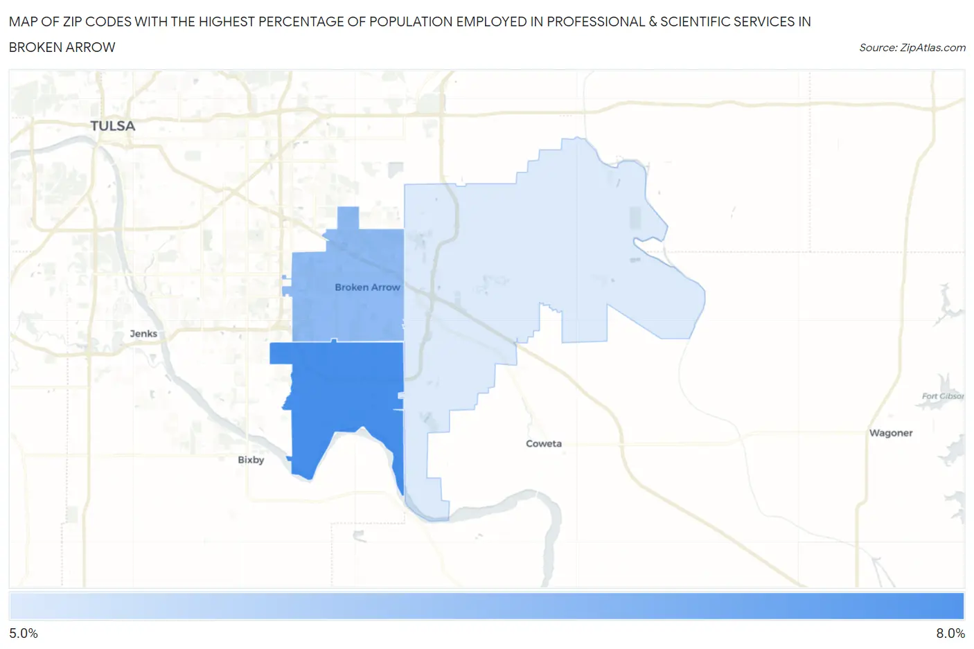 Zip Codes with the Highest Percentage of Population Employed in Professional & Scientific Services in Broken Arrow Map