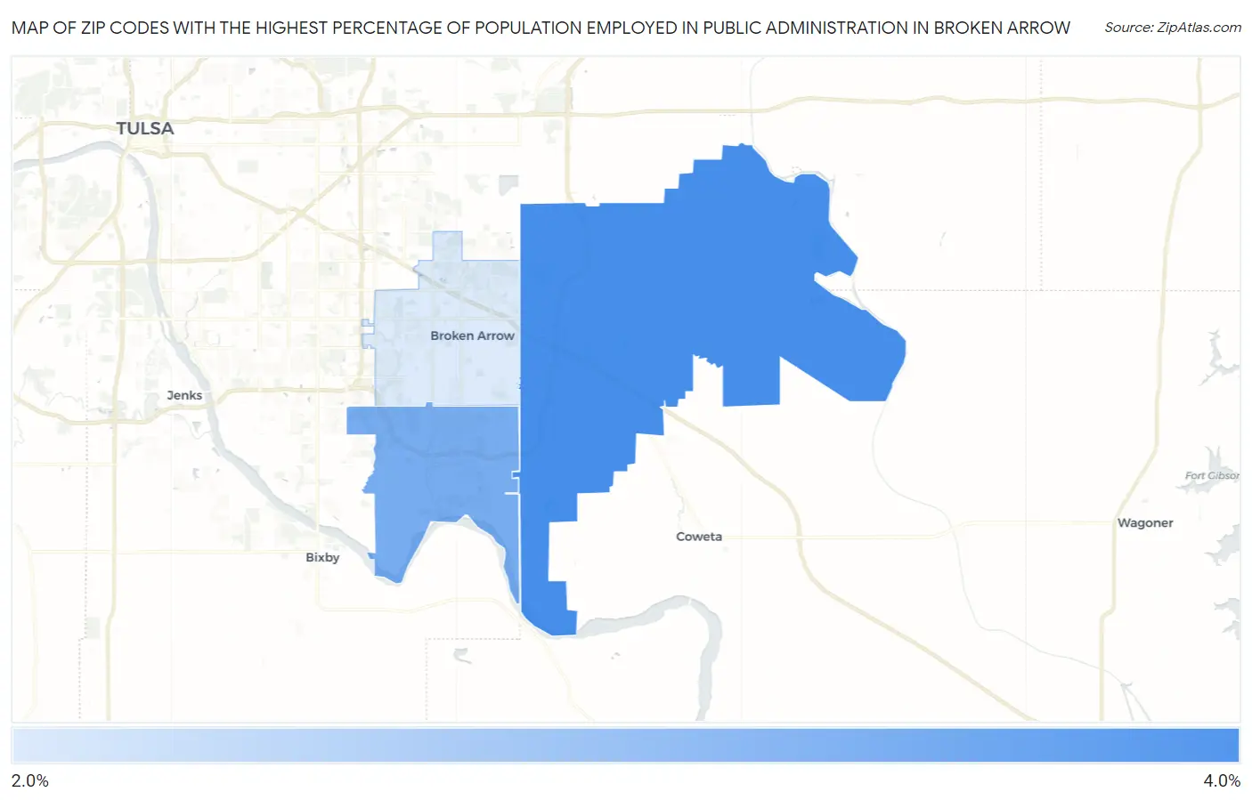 Zip Codes with the Highest Percentage of Population Employed in Public Administration in Broken Arrow Map