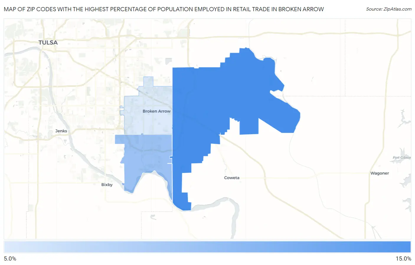 Zip Codes with the Highest Percentage of Population Employed in Retail Trade in Broken Arrow Map