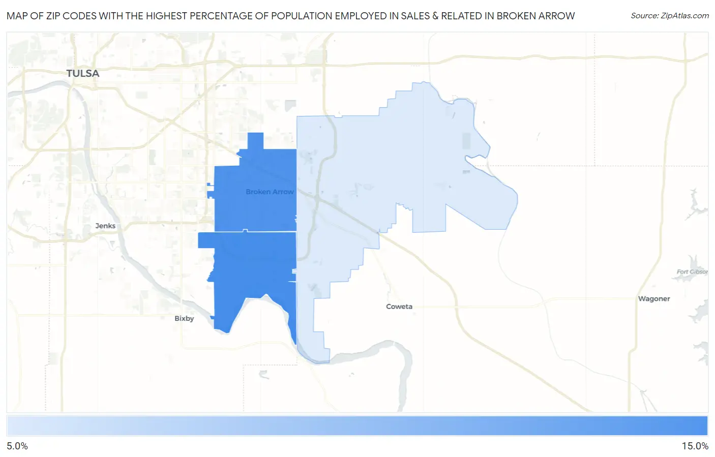 Zip Codes with the Highest Percentage of Population Employed in Sales & Related in Broken Arrow Map