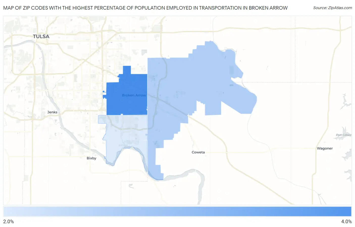 Zip Codes with the Highest Percentage of Population Employed in Transportation in Broken Arrow Map
