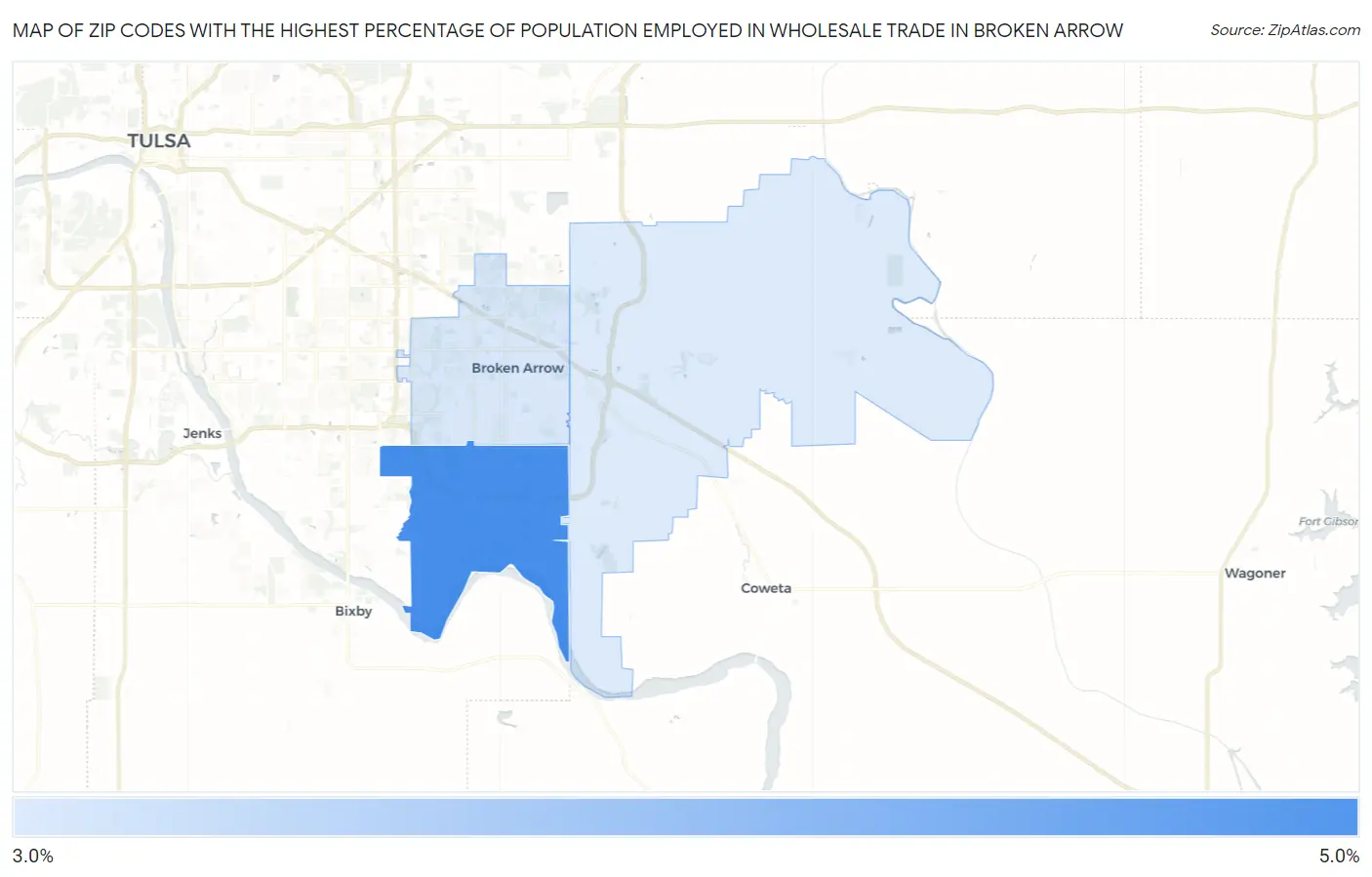 Zip Codes with the Highest Percentage of Population Employed in Wholesale Trade in Broken Arrow Map