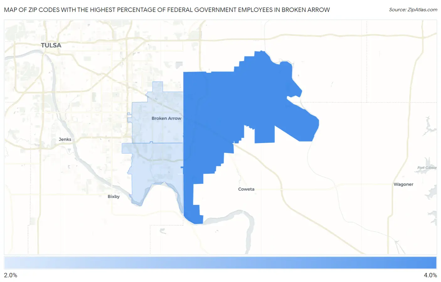 Zip Codes with the Highest Percentage of Federal Government Employees in Broken Arrow Map