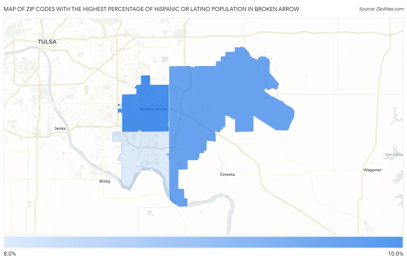 Zip Codes with the Highest Percentage of Hispanic or Latino Population in Broken Arrow Map