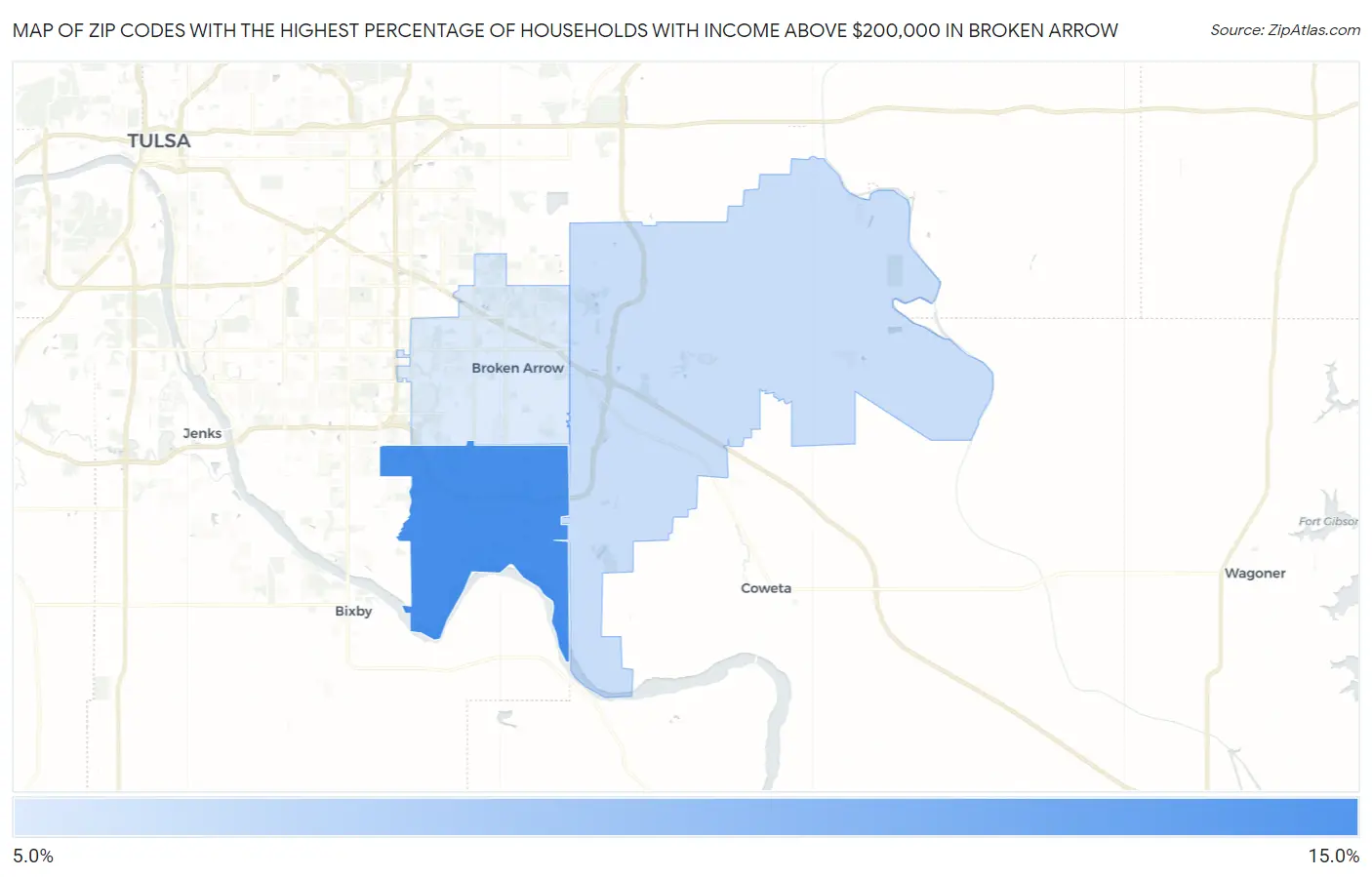 Zip Codes with the Highest Percentage of Households with Income Above $200,000 in Broken Arrow Map