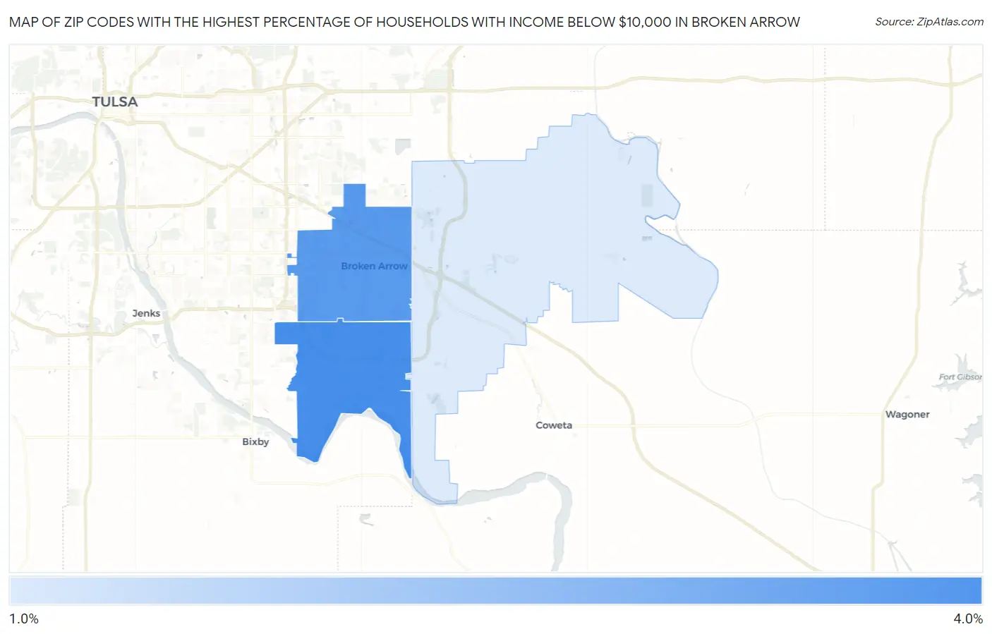 Zip Codes with the Highest Percentage of Households with Income Below $10,000 in Broken Arrow Map