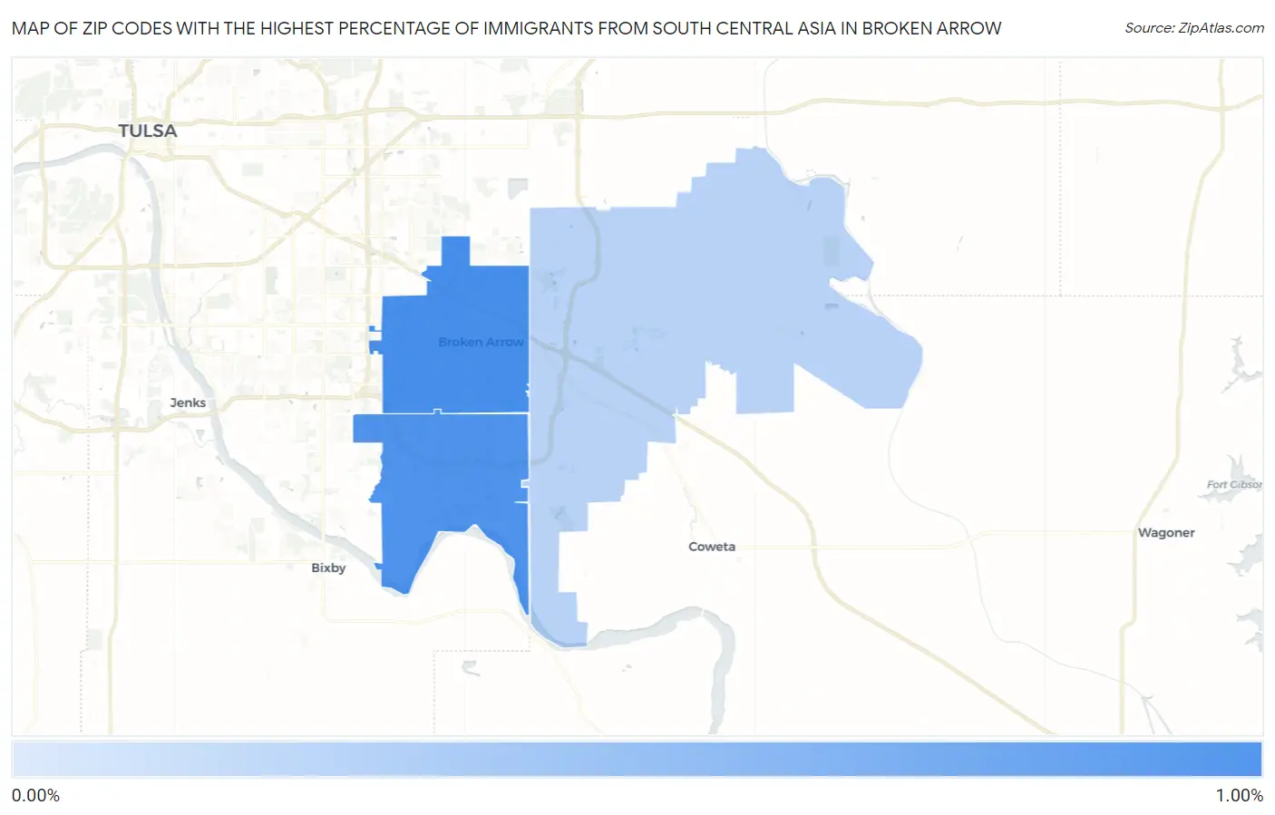 Zip Codes with the Highest Percentage of Immigrants from South Central Asia in Broken Arrow Map