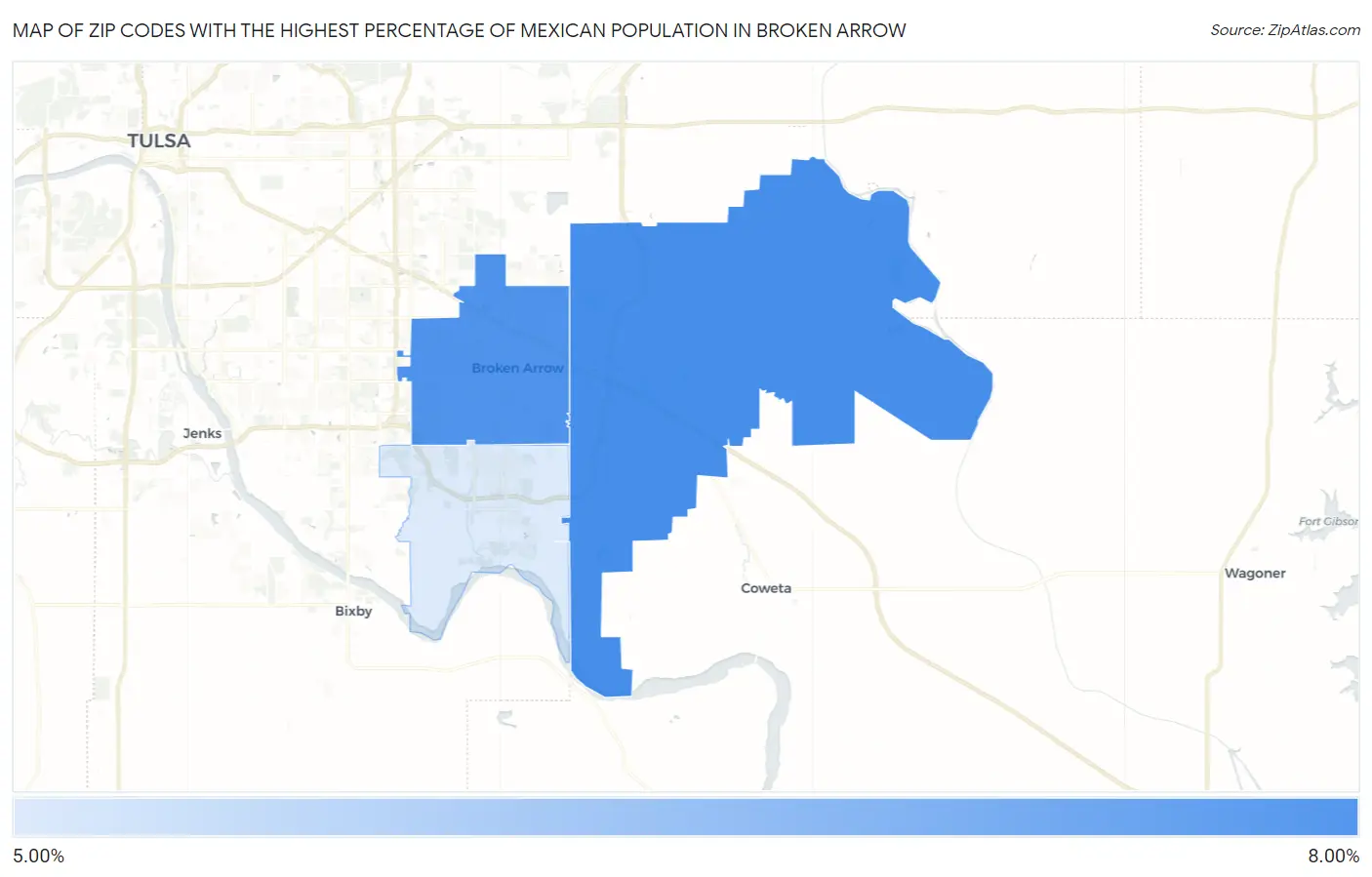 Zip Codes with the Highest Percentage of Mexican Population in Broken Arrow Map