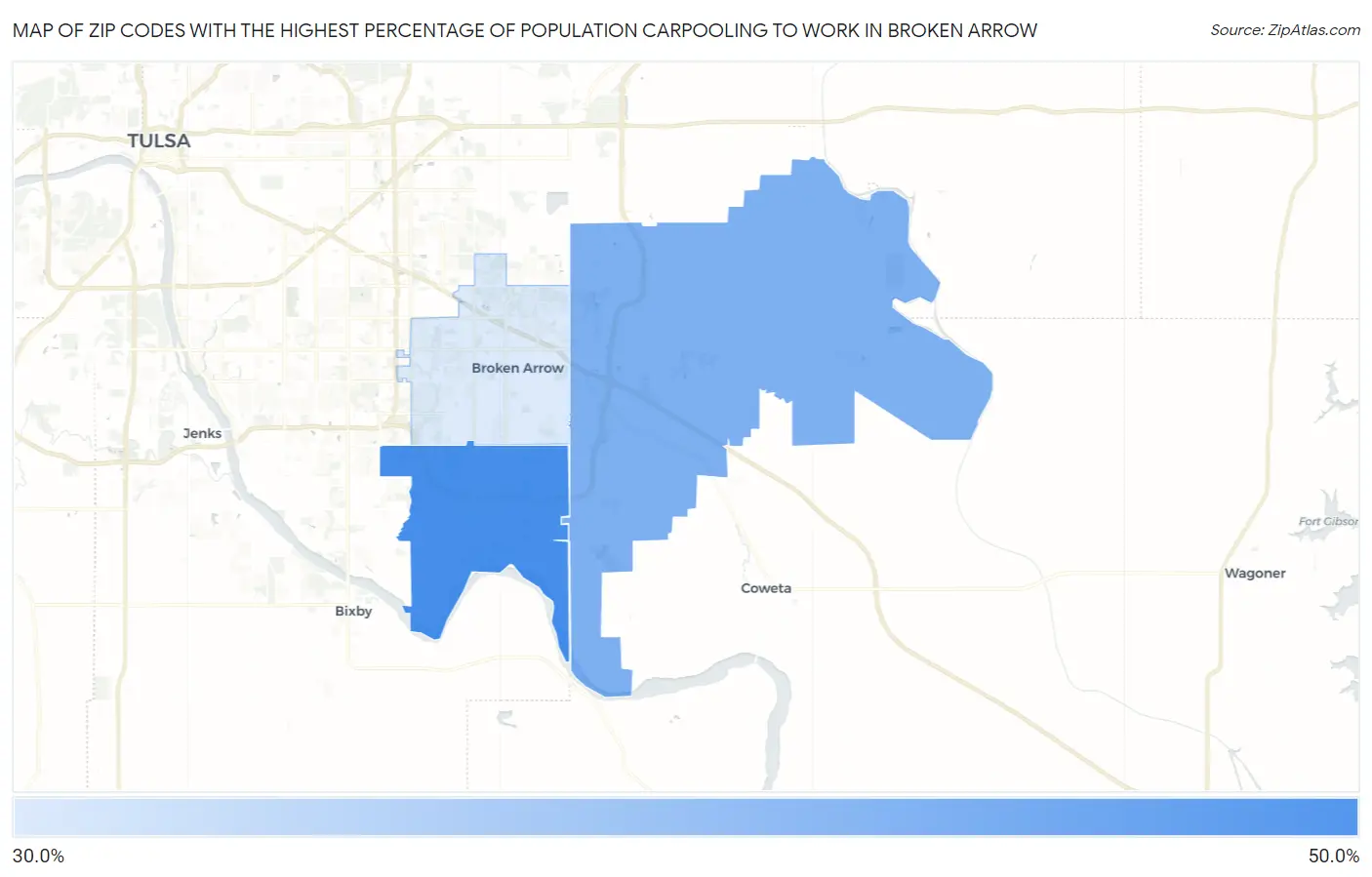 Zip Codes with the Highest Percentage of Population Carpooling to Work in Broken Arrow Map