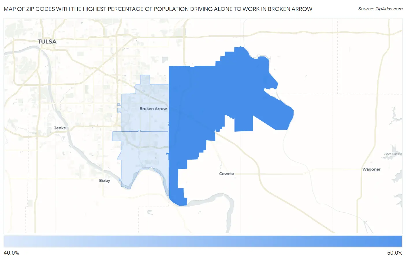 Zip Codes with the Highest Percentage of Population Driving Alone to Work in Broken Arrow Map