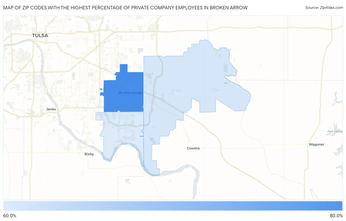 Zip Codes with the Highest Percentage of Private Company Employees in Broken Arrow Map