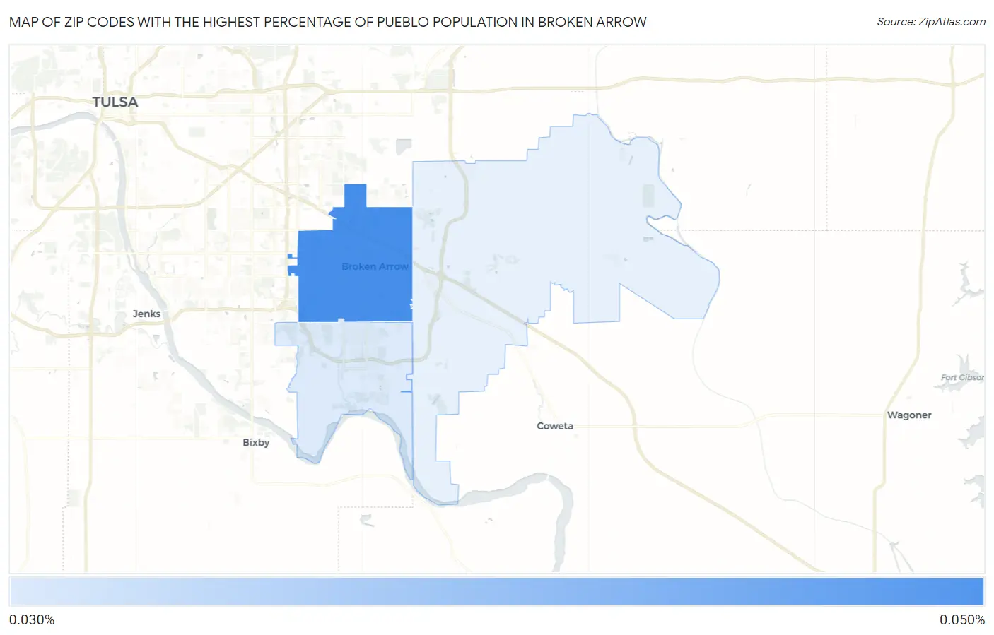 Zip Codes with the Highest Percentage of Pueblo Population in Broken Arrow Map
