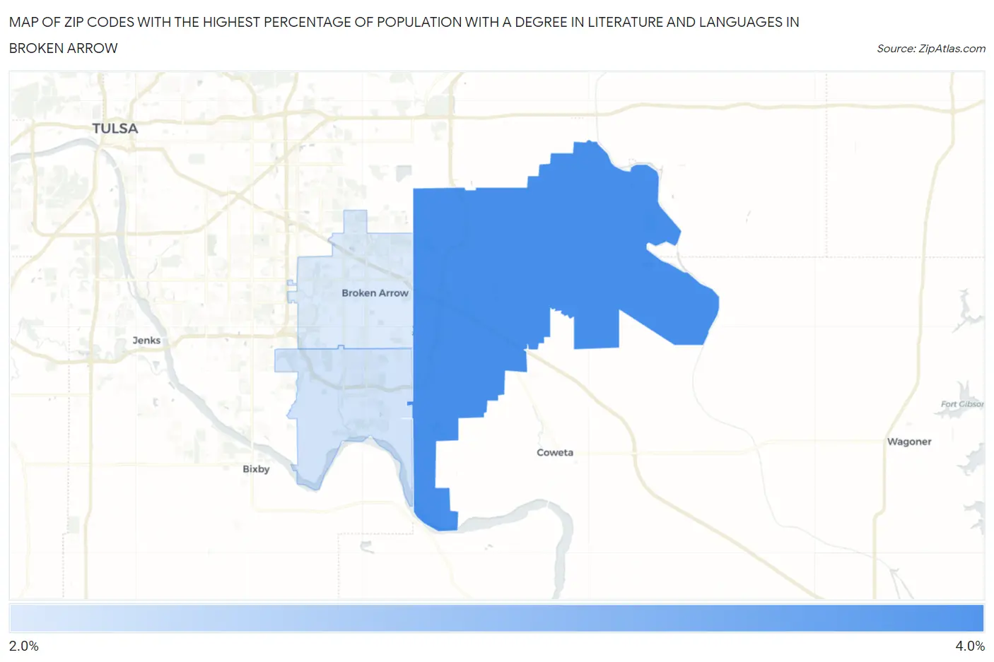 Zip Codes with the Highest Percentage of Population with a Degree in Literature and Languages in Broken Arrow Map