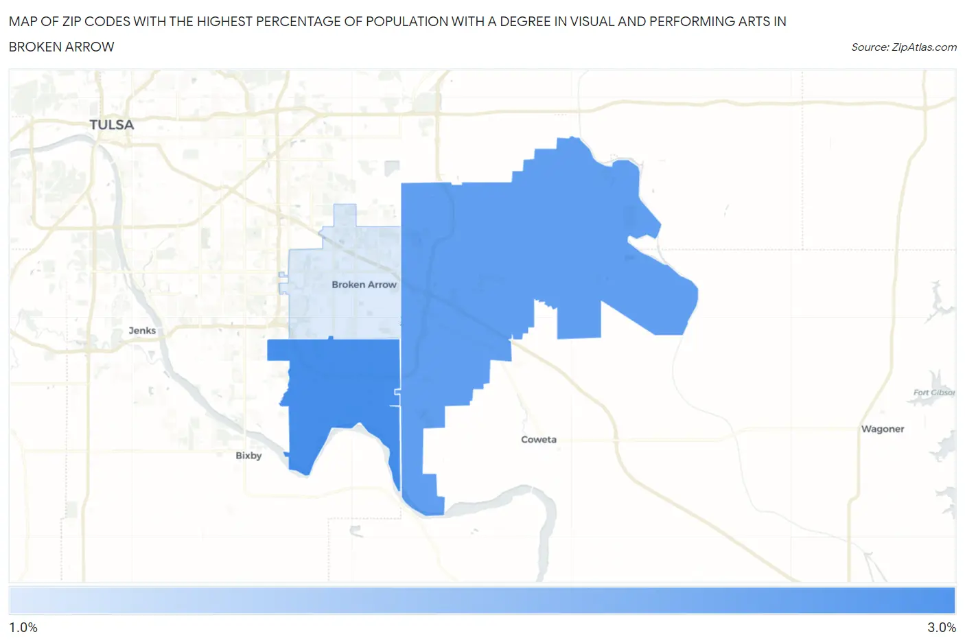 Zip Codes with the Highest Percentage of Population with a Degree in Visual and Performing Arts in Broken Arrow Map
