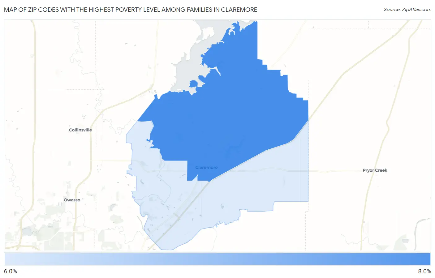 Zip Codes with the Highest Poverty Level Among Families in Claremore Map