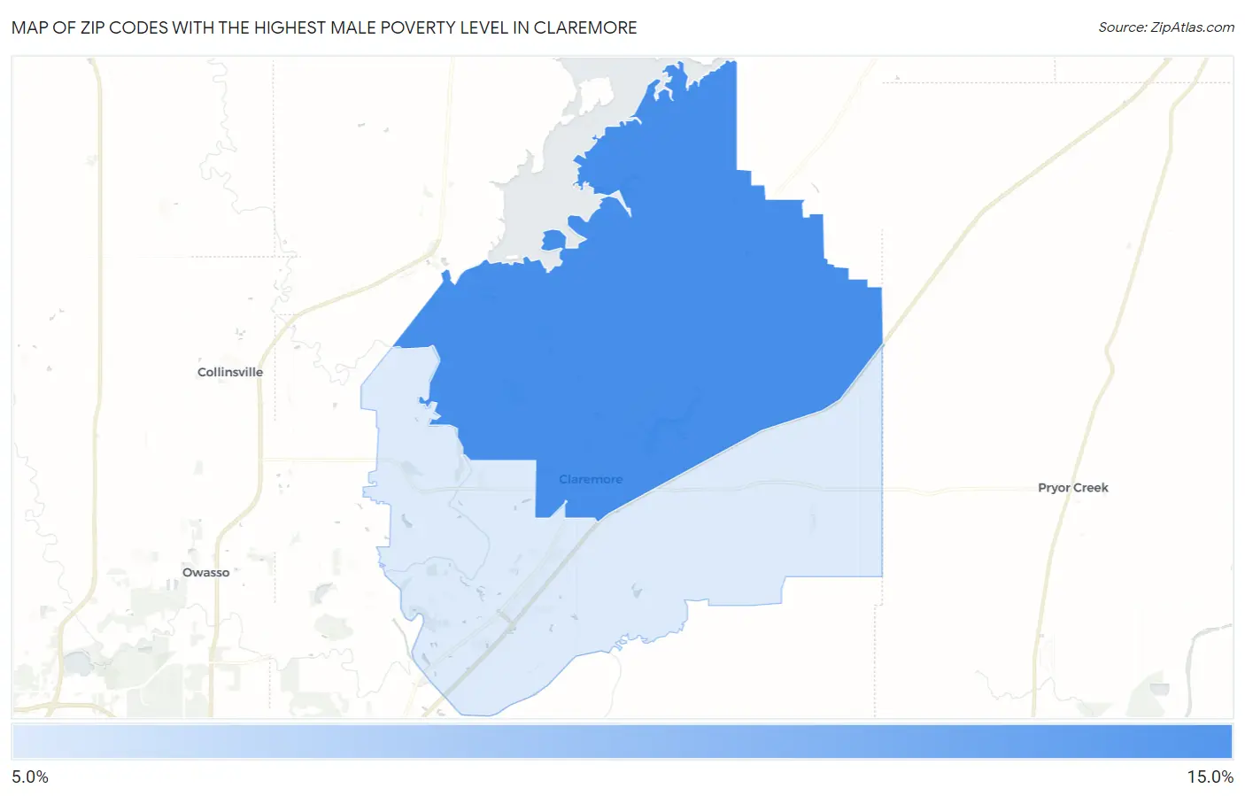 Zip Codes with the Highest Male Poverty Level in Claremore Map
