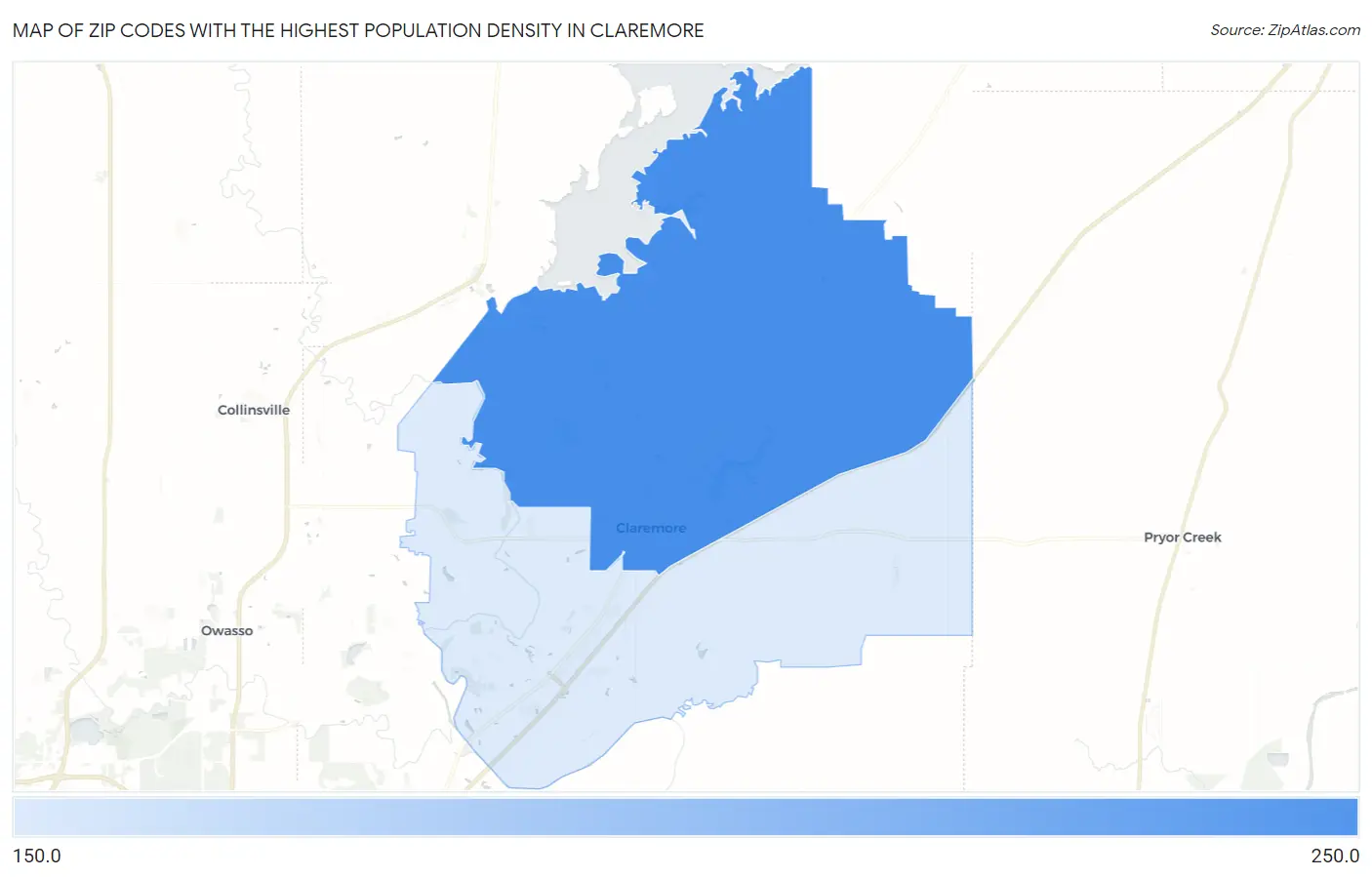 Zip Codes with the Highest Population Density in Claremore Map