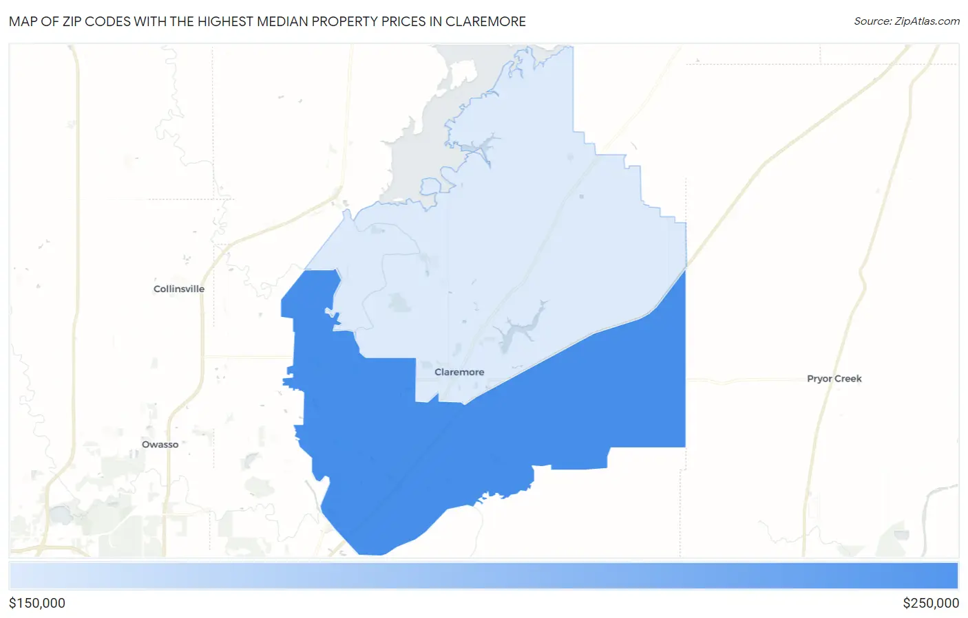 Zip Codes with the Highest Median Property Prices in Claremore Map
