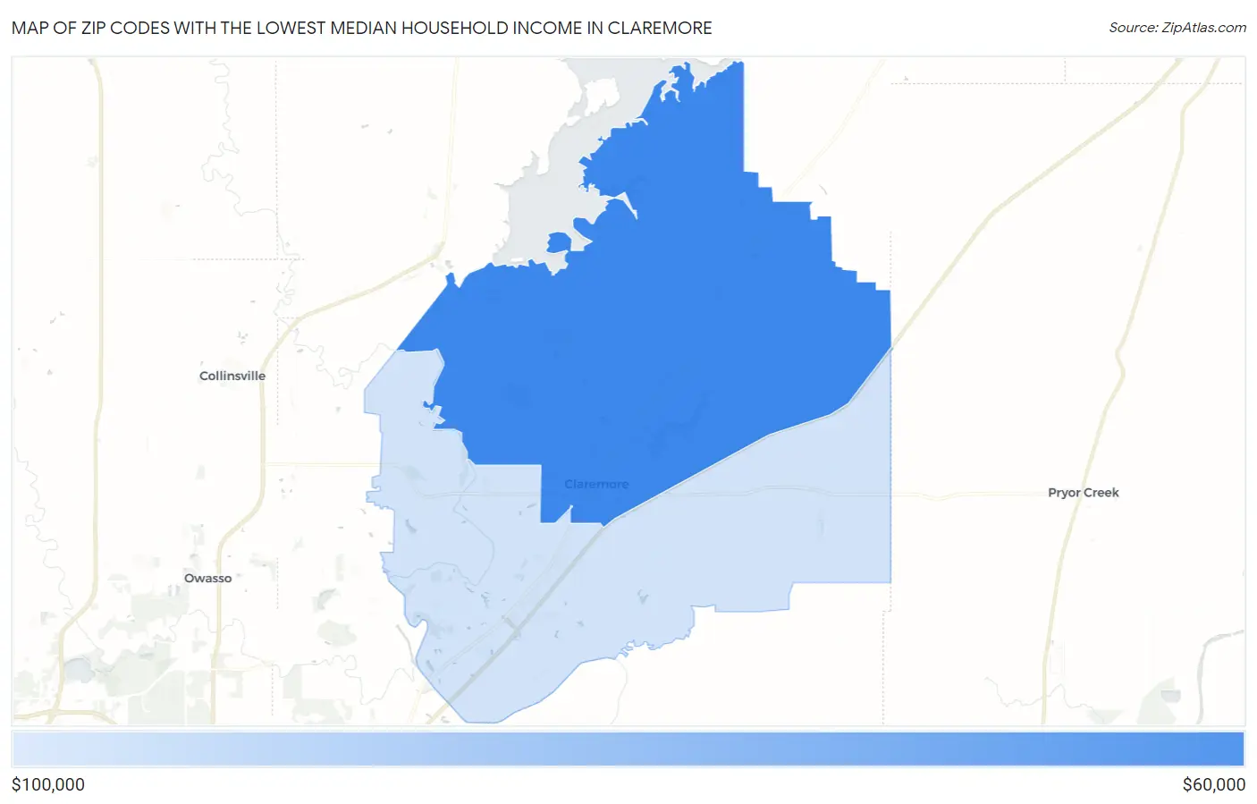 Zip Codes with the Lowest Median Household Income in Claremore Map