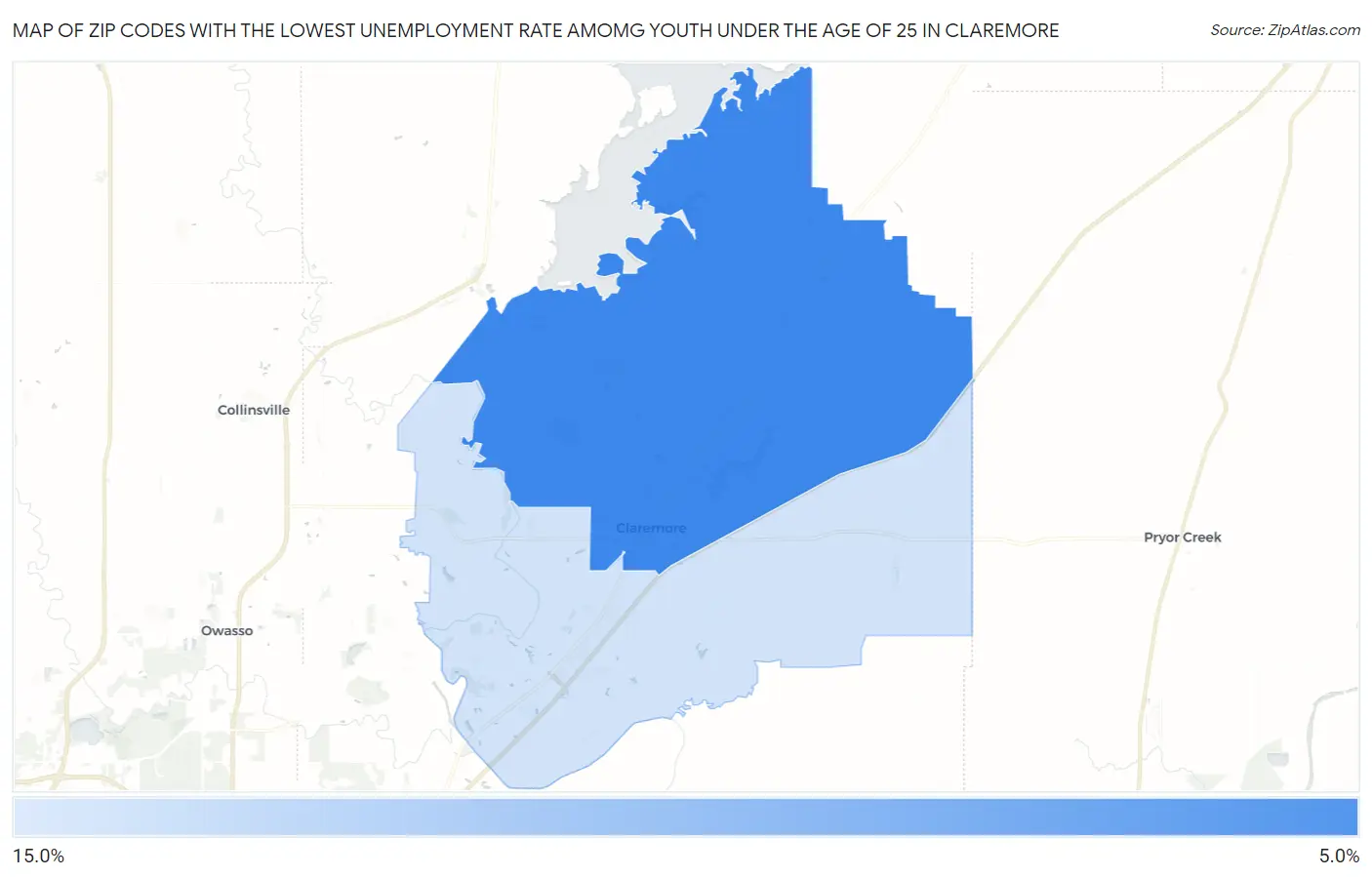 Zip Codes with the Lowest Unemployment Rate Amomg Youth Under the Age of 25 in Claremore Map