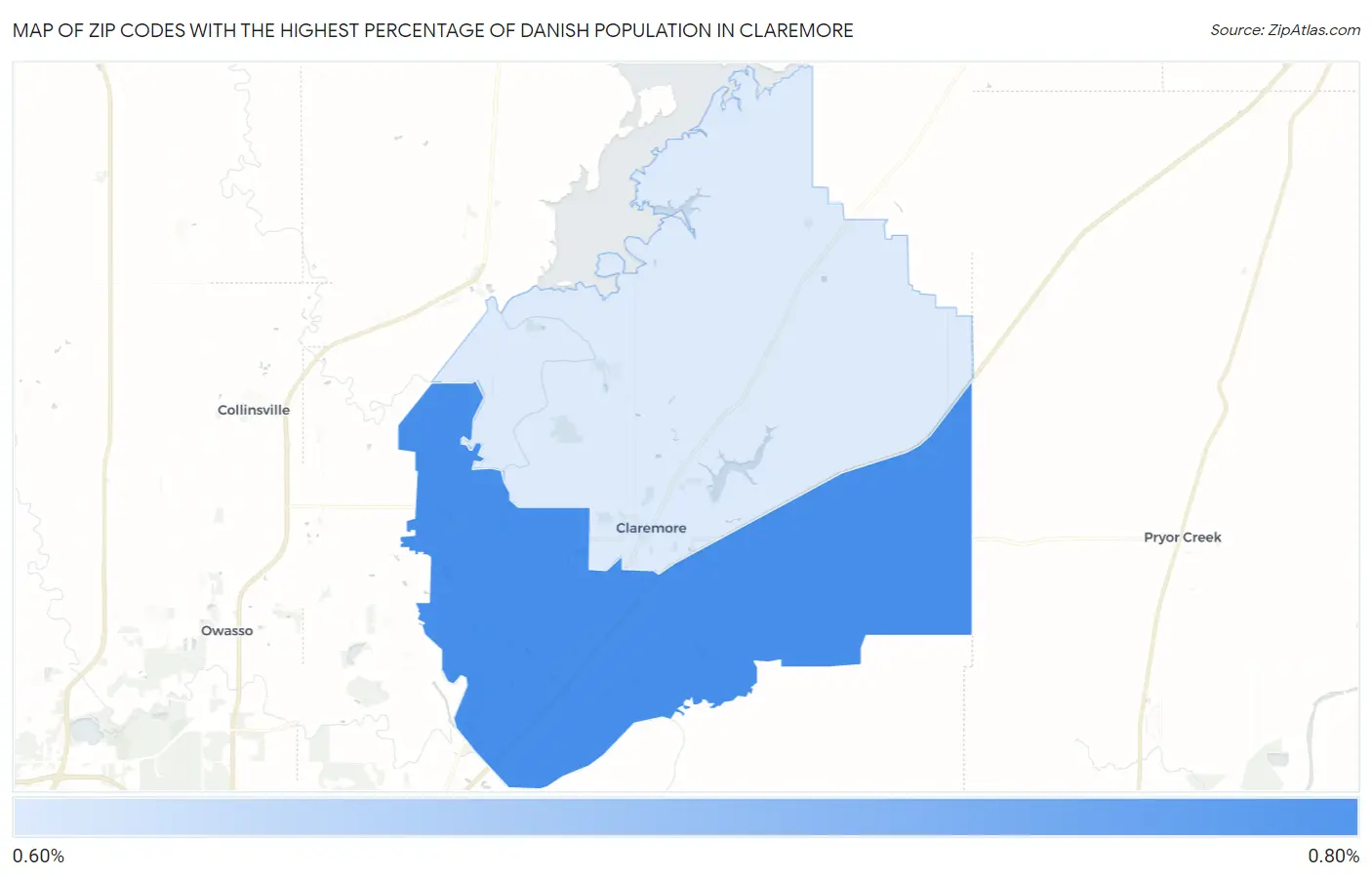 Zip Codes with the Highest Percentage of Danish Population in Claremore Map