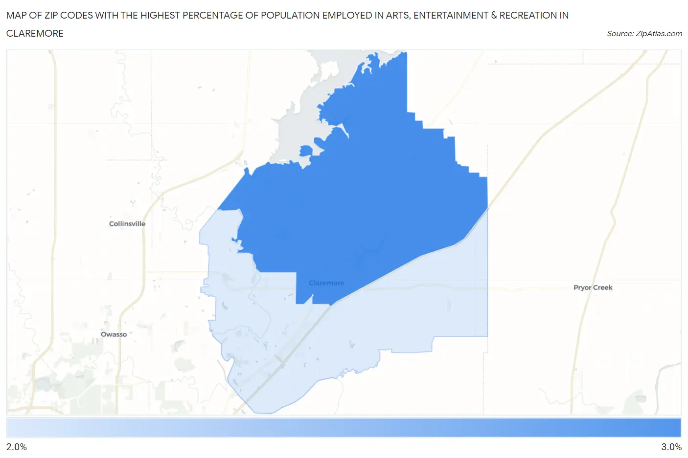 Zip Codes with the Highest Percentage of Population Employed in Arts, Entertainment & Recreation in Claremore Map