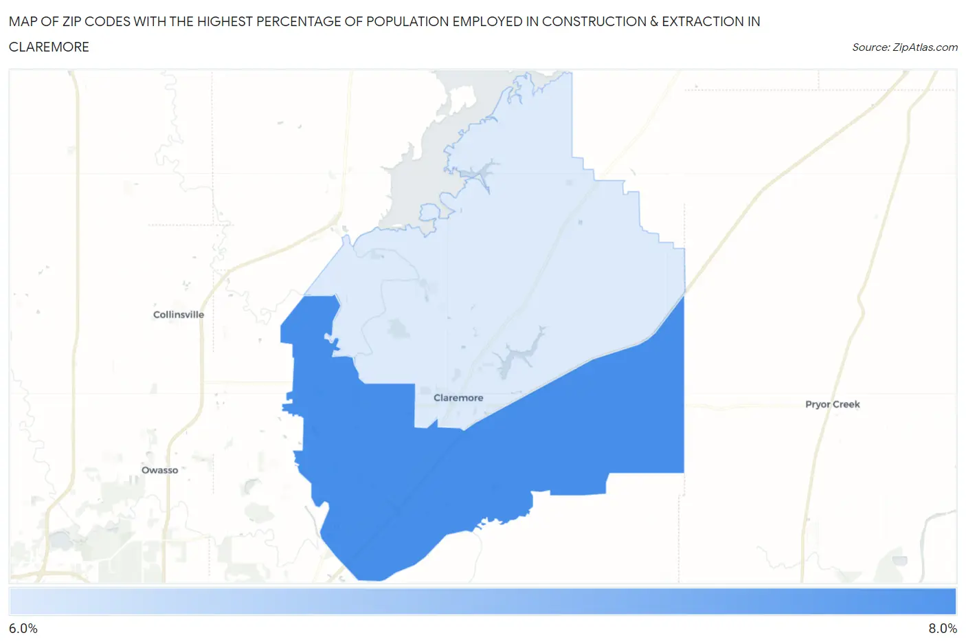 Zip Codes with the Highest Percentage of Population Employed in Construction & Extraction in Claremore Map