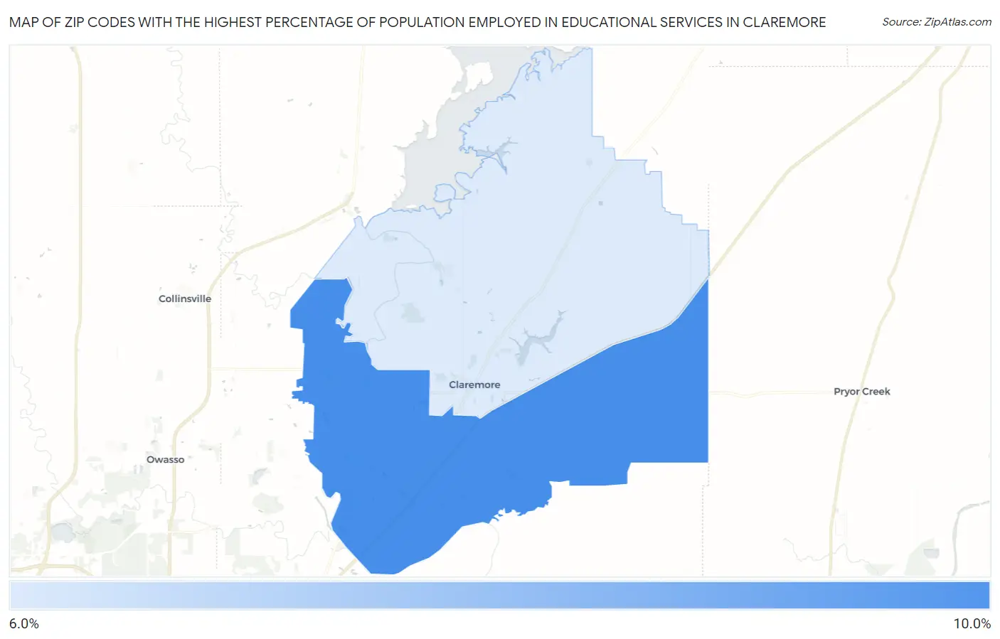 Zip Codes with the Highest Percentage of Population Employed in Educational Services in Claremore Map